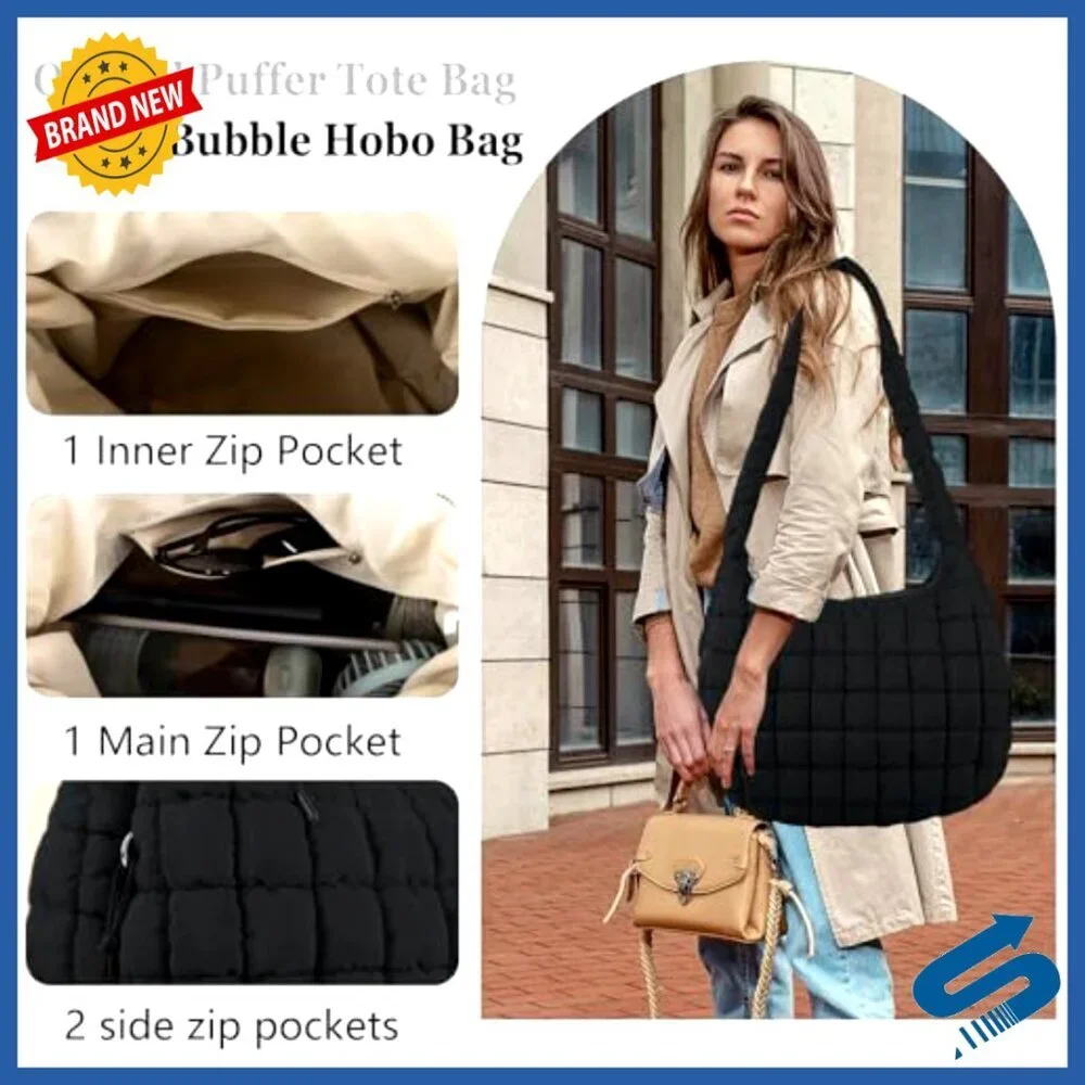Quilted Puffer Tote Crossbody Bag Nylon Hobo Travel Handbag